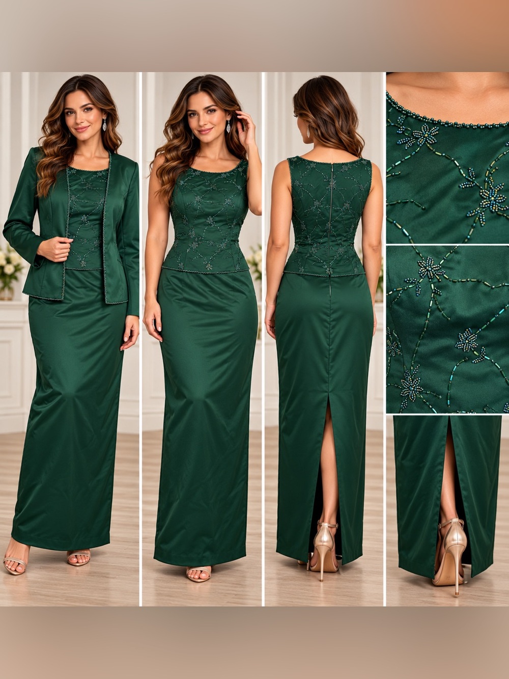 Venus Hunter Green Beaded Formal Evening Gown Jacket Set Size 4 NWT